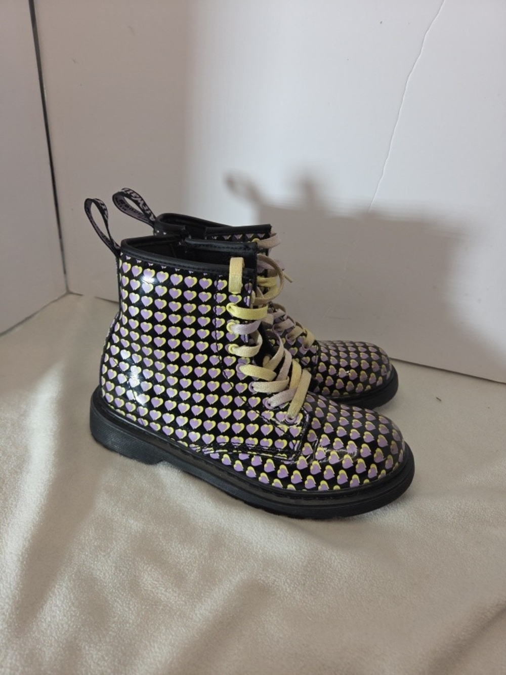 Dr. Martens Women's Black Combat Boots with Purple and Yellow Heart Pattern W 5